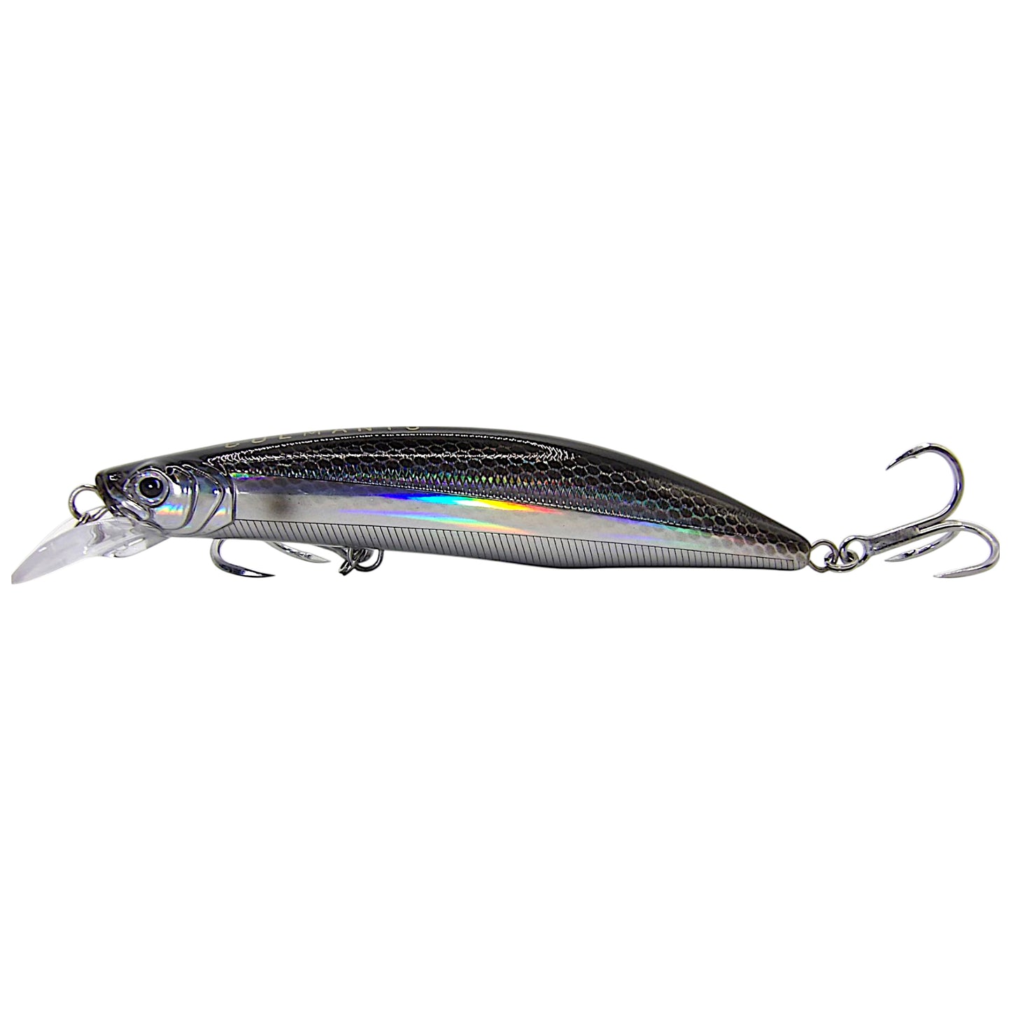 A silver and blue subsurface jerkbait fishing lure with a reflective iridescent finish and a cupped lip designed for surface feeding fish.