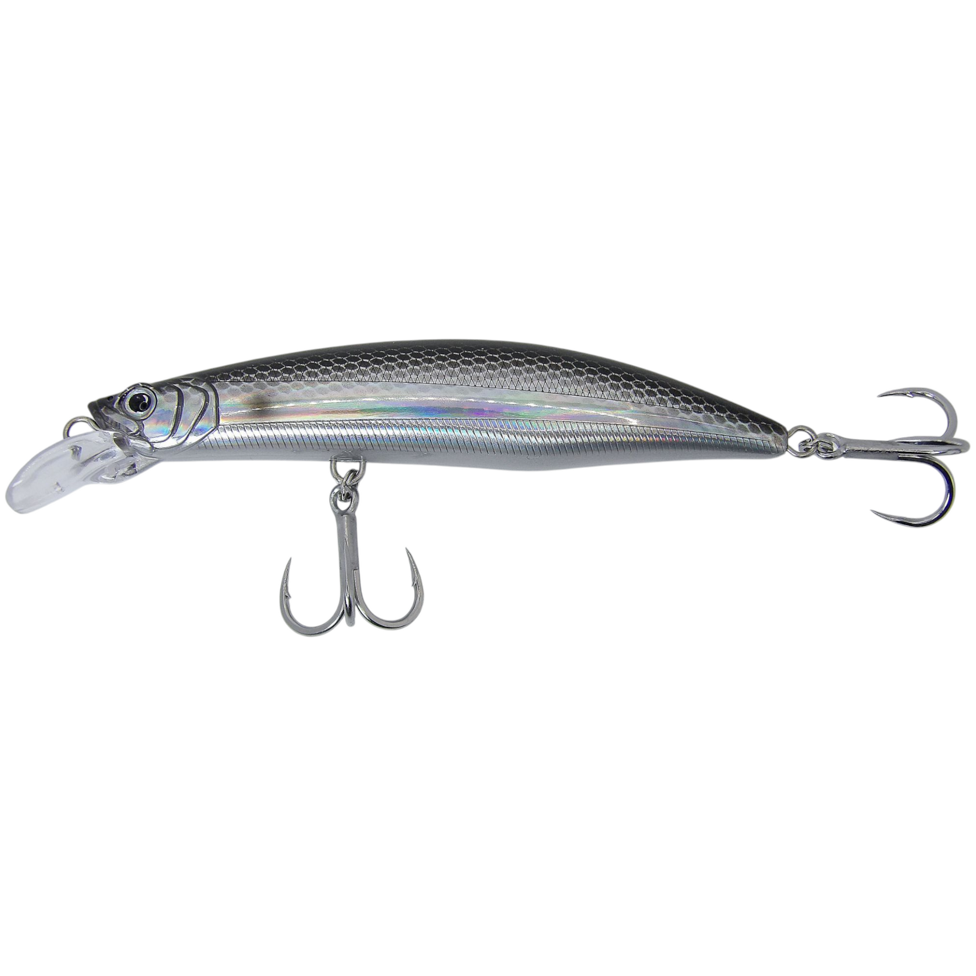 A blue and silver jerkbait fishing lure with reflective iridescent finishes and a cupped lip.