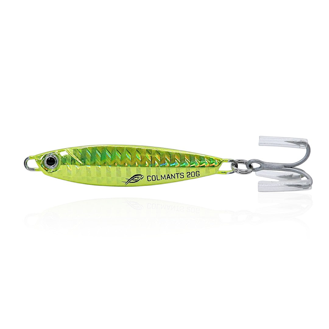 A lime green and silver holographic fishing lure with 'NEW' and 'LIMITED EDITION' text, designed for long casting and jigging. Castman Lime Chartreuse color