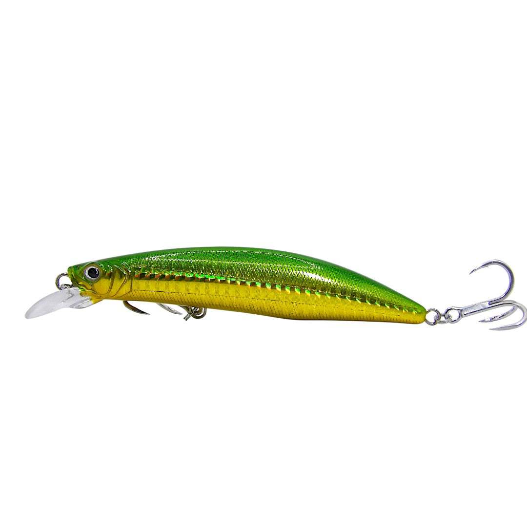 A a green and gld subsurface jerkbait fishing lure with a reflective iridescent finish and a cupped lip designed for surface feeding fish.