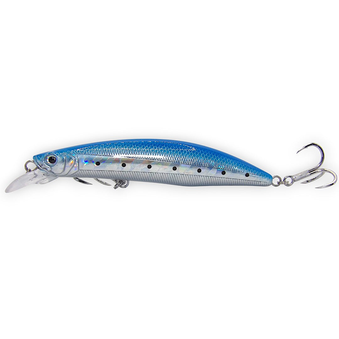 A silver and blue subsurface jerkbait fishing lure with a reflective iridescent finish and a cupped lip designed for surface feeding fish.