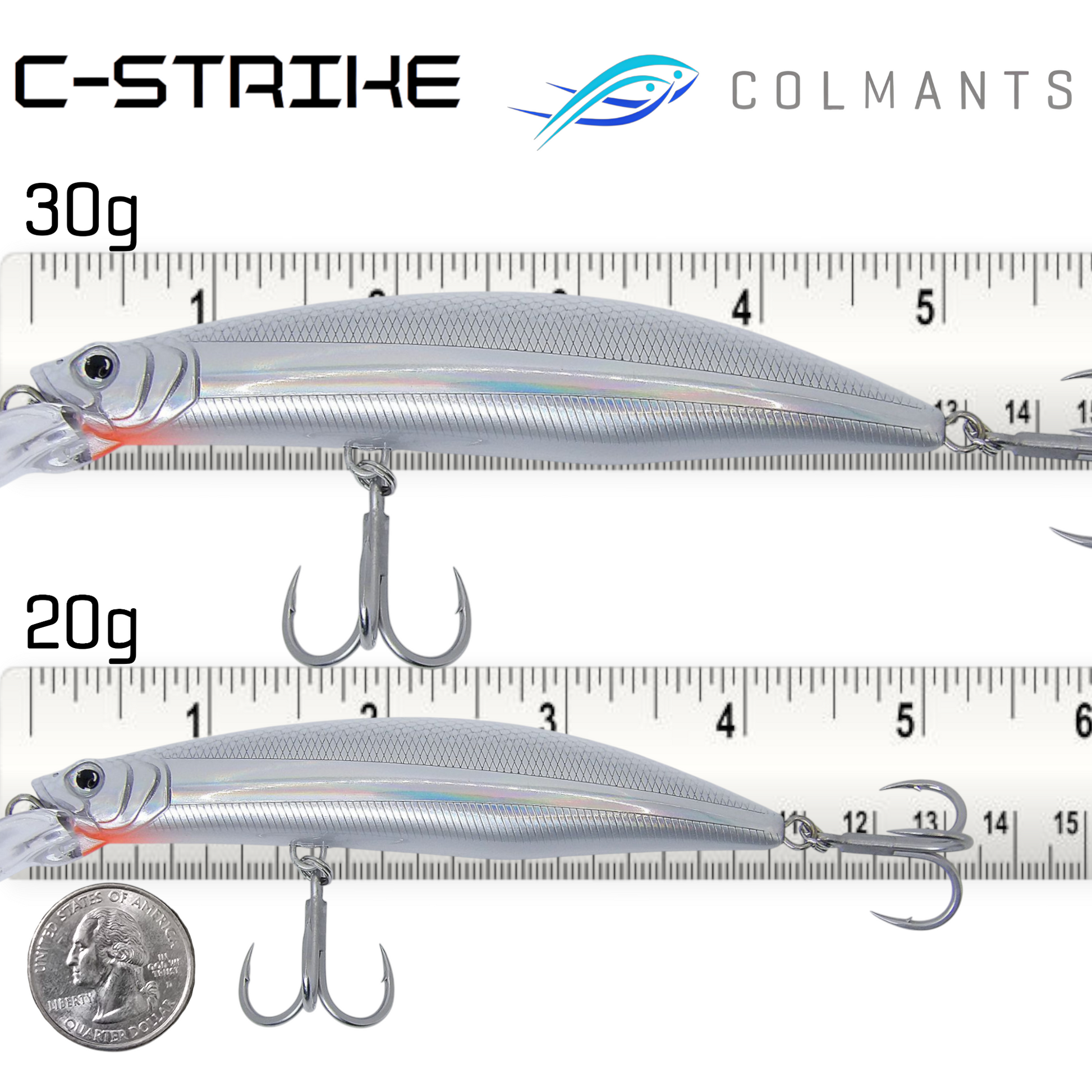 Two fishing lures with measurements and a coin for scale on a white background.. C-Strike Jerkbait