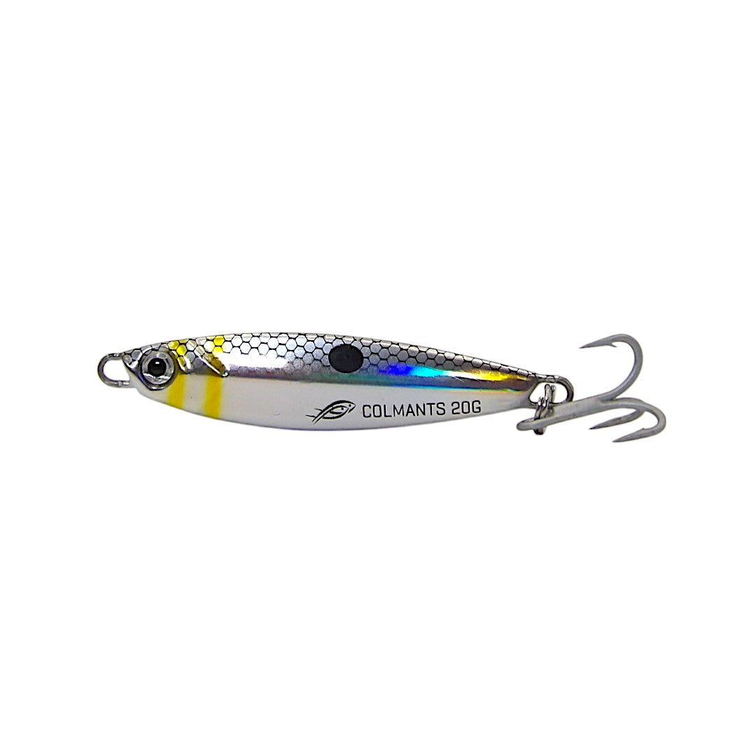 A silver holographic fishing lure with iridescent finish and a VMC hook. Castman Sunburst