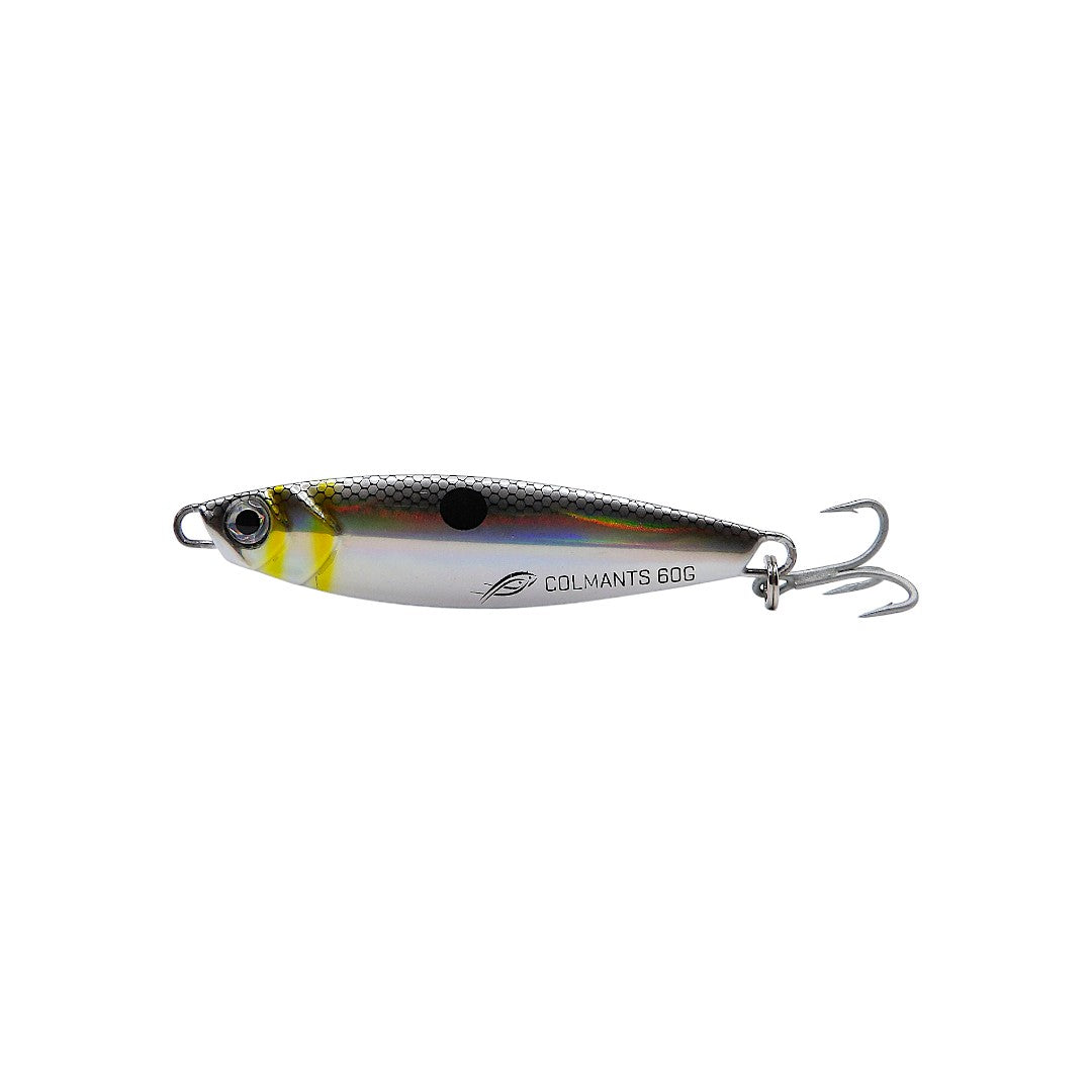 A silver holographic fishing lure with iridescent finish and a VMC hook. castman Sunburst
