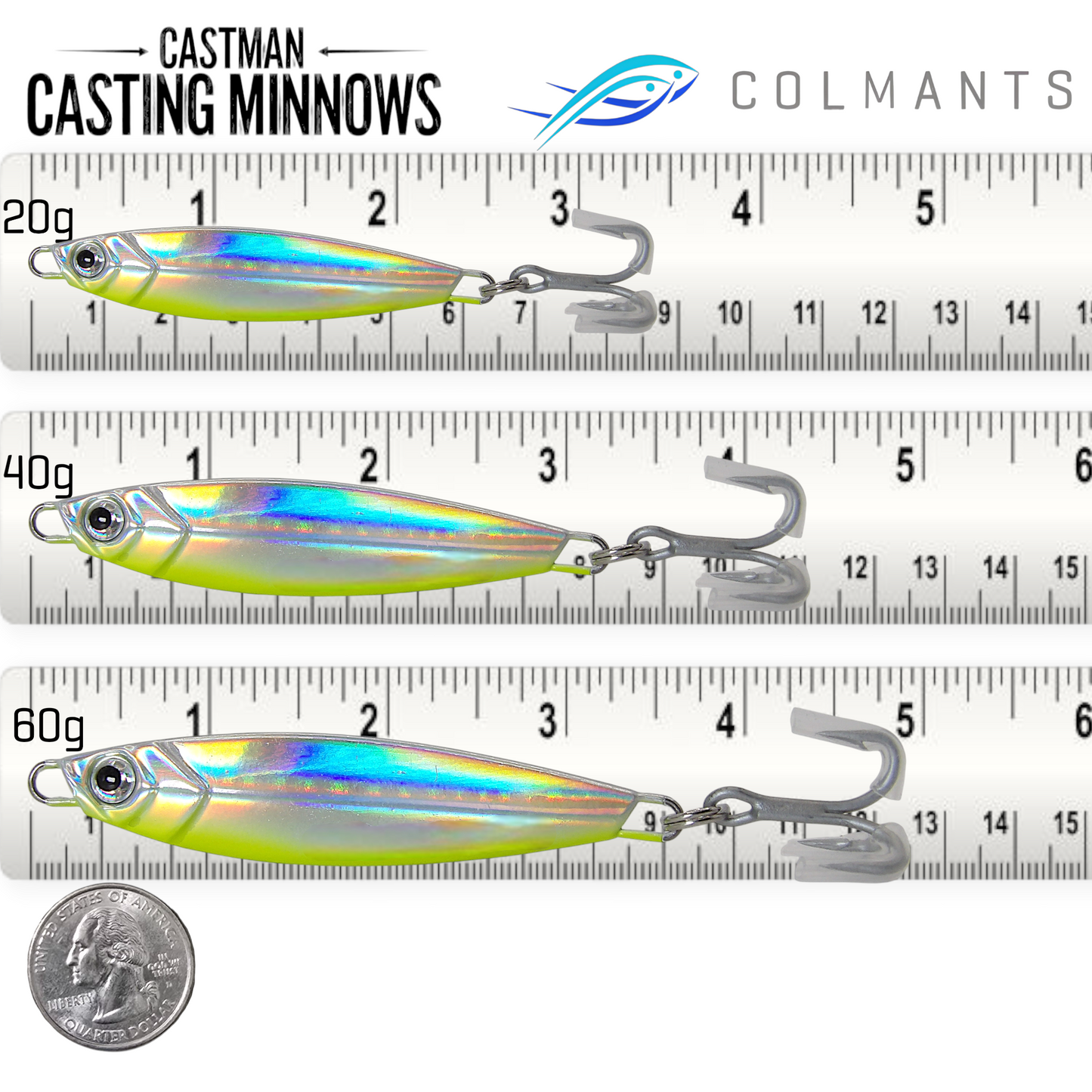 Three Castman Casting Minnows with a ruler for scale on a white . Neon Mirage color.