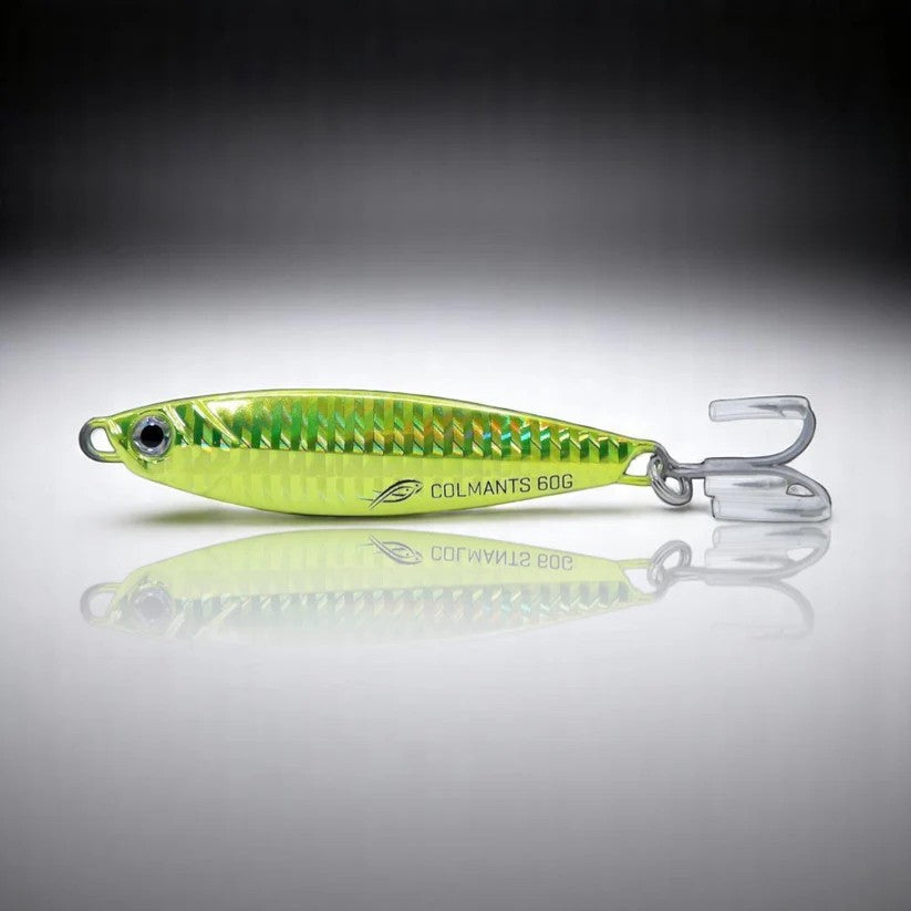 Green fishing lure with 'Colmant' branding on a reflective surface. Castman Lime Chartreuse color
