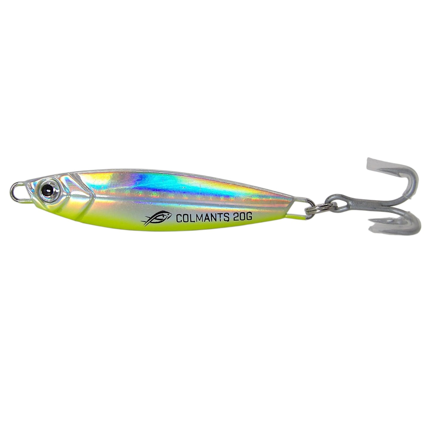 Metallic fishing lure with 'Colmant's' branding on a white background. Neon Mirage Color