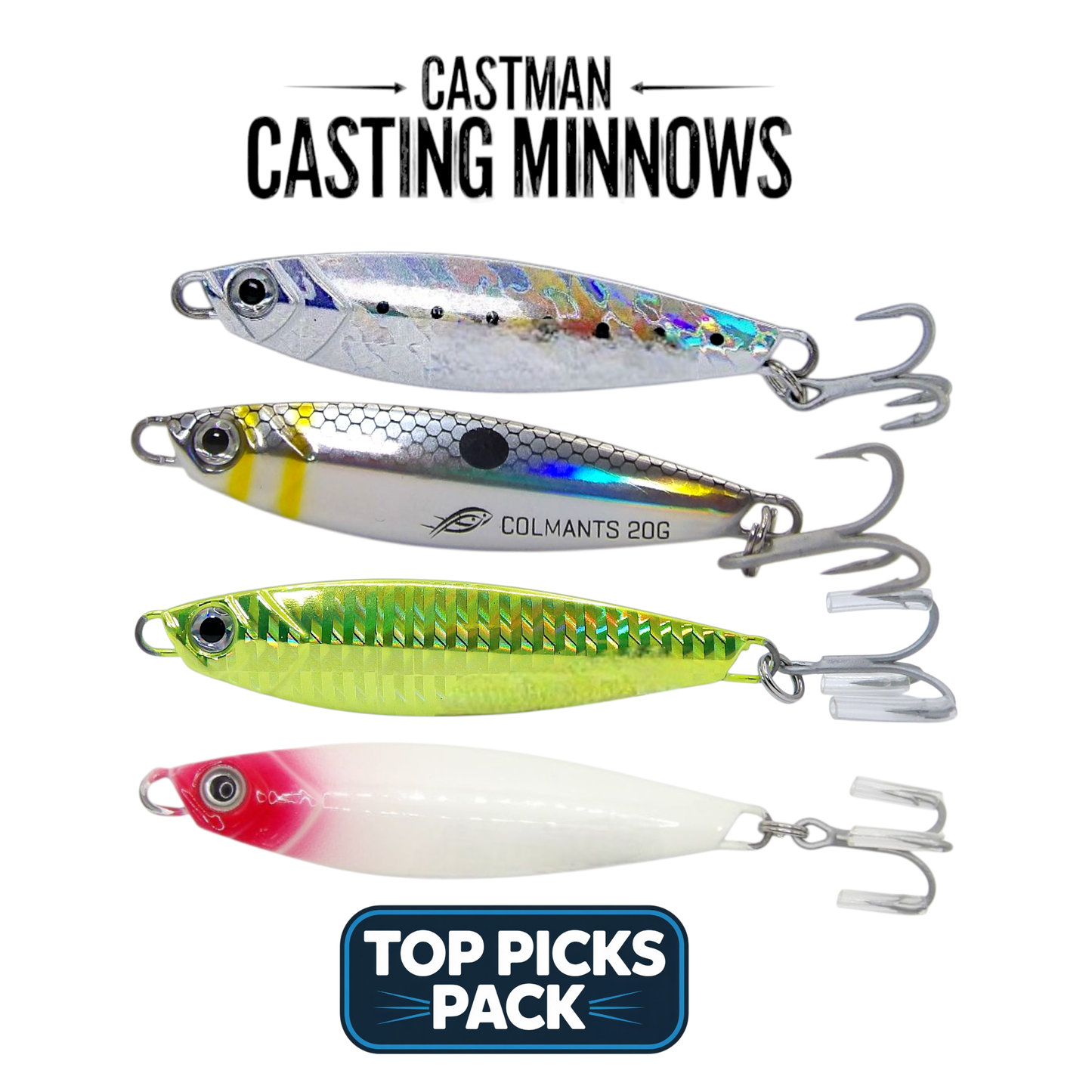 Four Castman Casting Minnows fishing lures with a 'Top Picks Pack' label on a white background. 20g pack