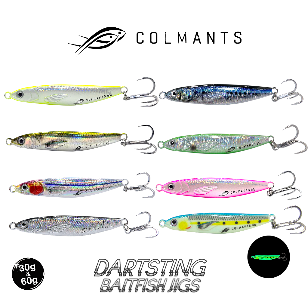 Collection of Colmants Dartsting Baitfish Jigs on a white background