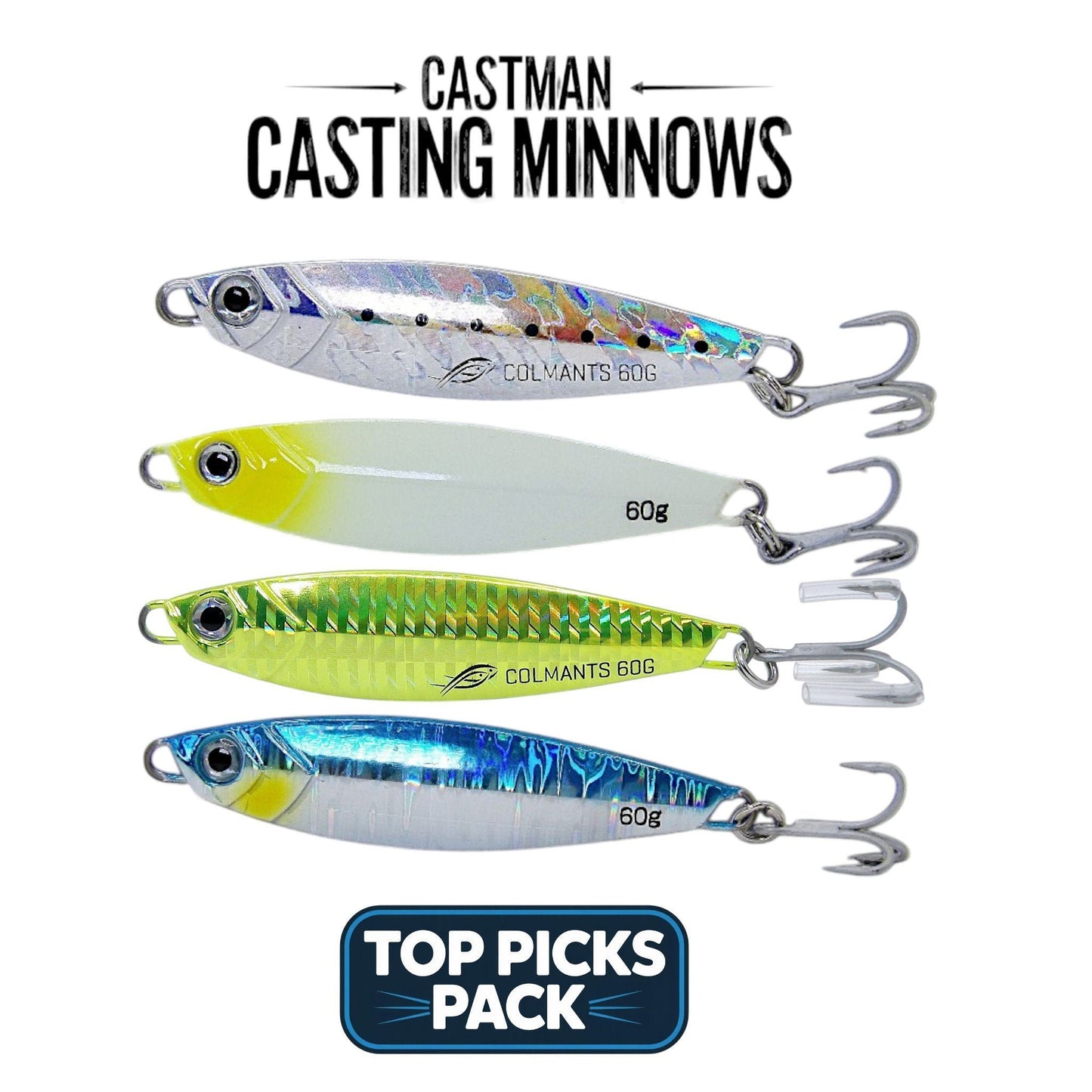 Four Castman Casting Minnows fishing lures with 'Top Picks Pack' label on a white background. 60g pack