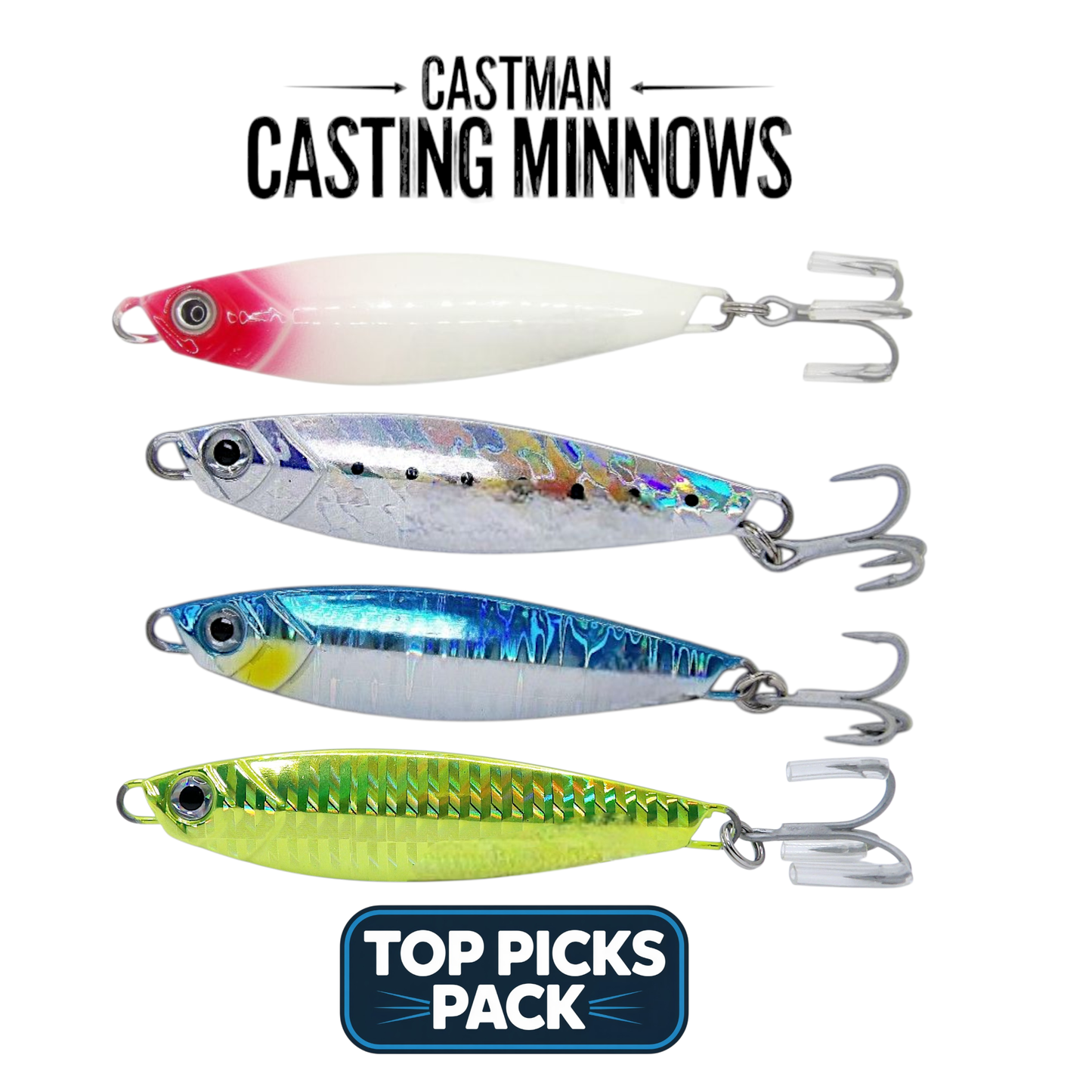 Four colorful fishing lures with 'Castman Casting Minnows' branding on a white background. Top Picks pack 40g