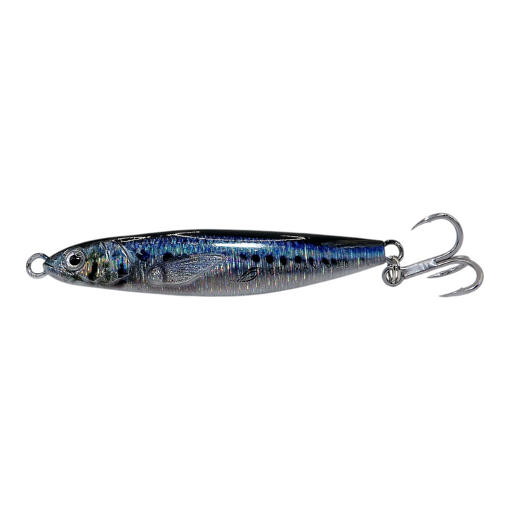 A collection of four DartSting Baitfish Jigs in various colors designed for fishing, with reflective surfaces and hooks. Sardine Dartsting