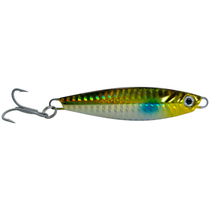 Fishing lure with a metallic finish on a white background