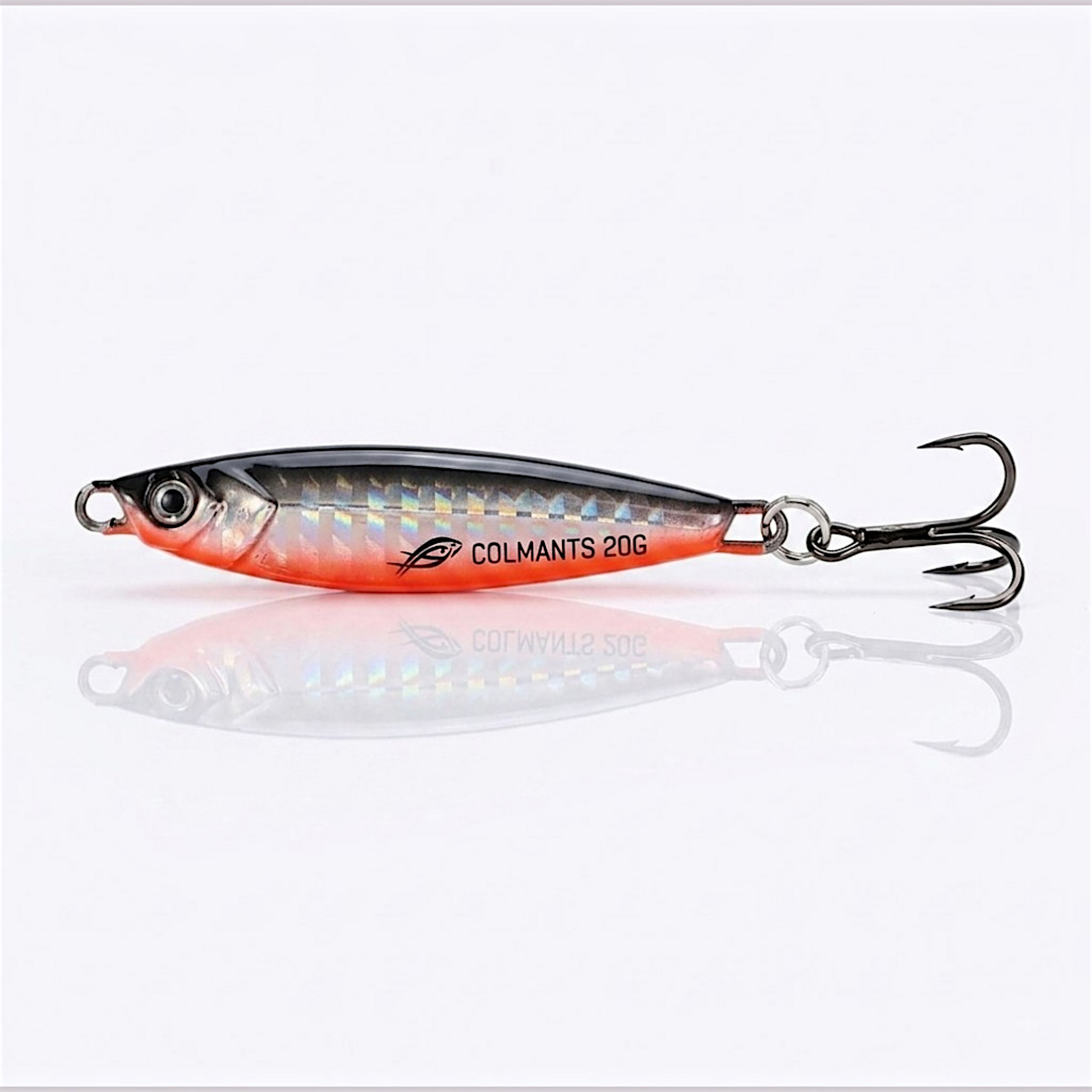 A Colmants 20g fishing lure with a silver and orange gradient body, printed with the brand name and logo, featuring a black treble hook attached. The lure is displayed on a clean white reflective surface. RedBelly Shiner. Casting Minnow