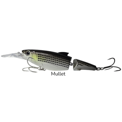 A metallic silver and black mullet fishing lure with a split tail and two treble hooks, shown against a plain white background with the word 'Mullet' printed below. Mullet Jerkbait Swimbait. Mullet Fishing Lure