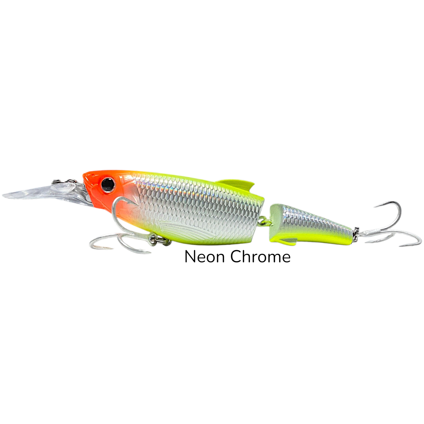 A neon chrome fishing lure with a bright orange head, silver body, and neon yellow-green tail, shown on a plain white background with the text 'Neon Chrome' underneath. Chartreuse Jerkbait Swimbait,