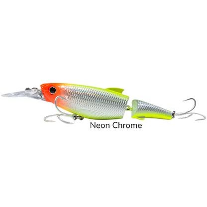 A neon chrome fishing lure with a bright orange head, silver body, and neon yellow-green tail, shown on a plain white background with the text 'Neon Chrome' underneath. Chartreuse Jerkbait Swimbait,