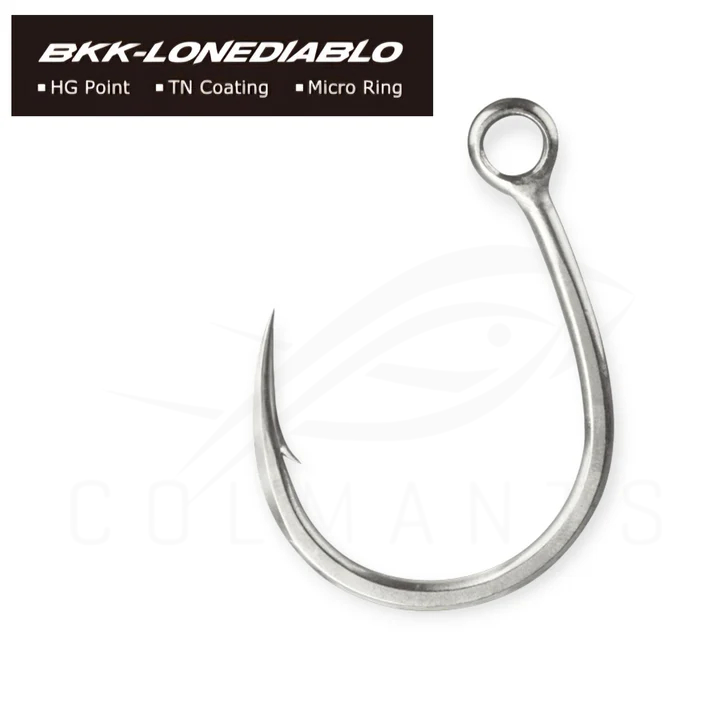 Fishing hook with 'BKK-Lonediablo' branding on a white background