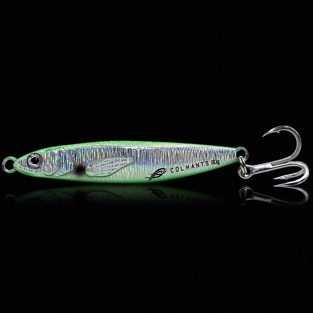 Fishing lure with metallic finish on a black background