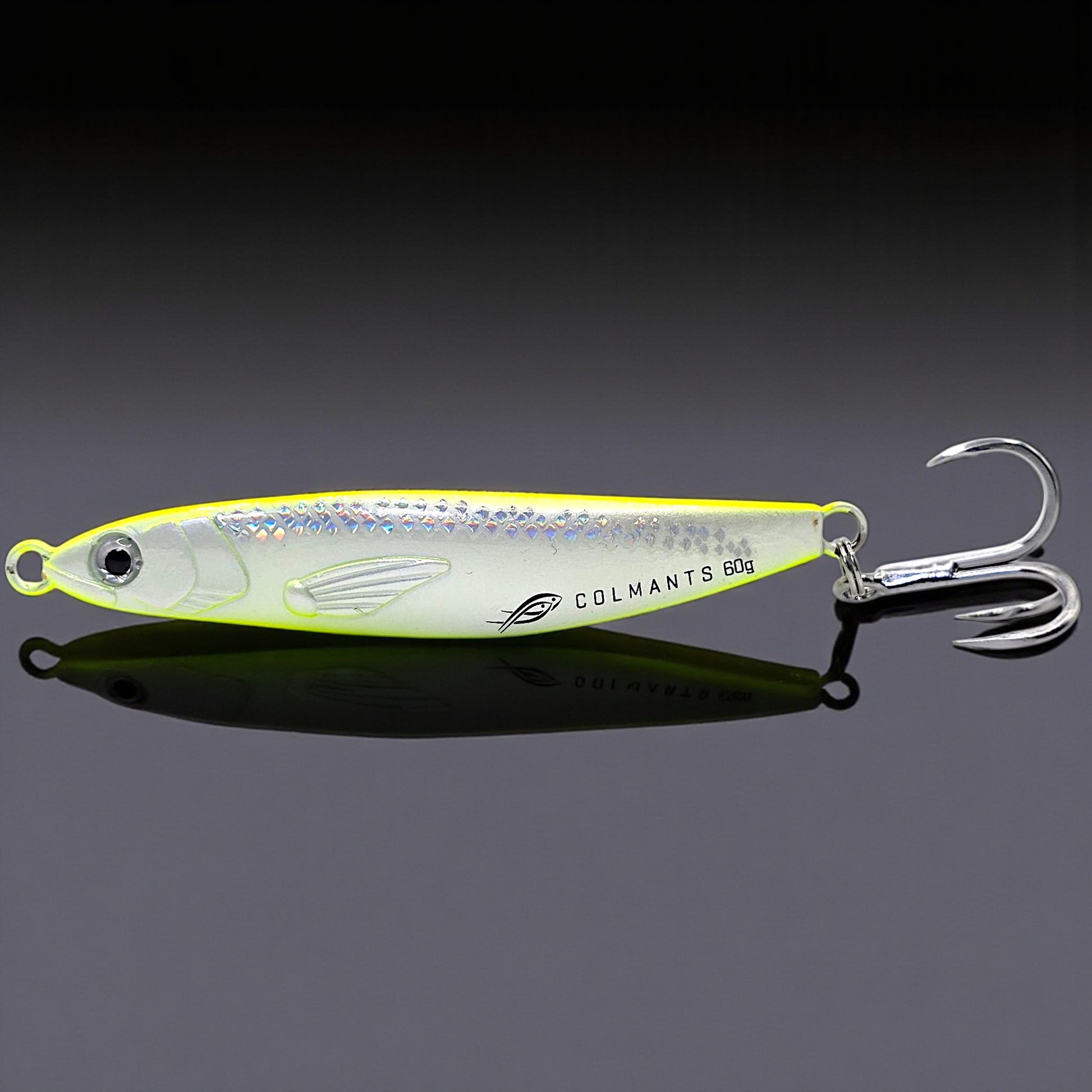 Fishing lure with 'Colmant's' branding on a dark background