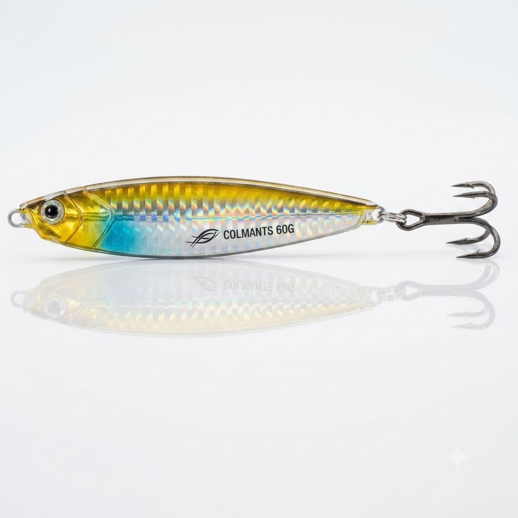 A Colmants 60G fishing lure with a realistic silver, yellow, and blue fish design, featuring a treble hook at the tail, shown on a reflective white surface.