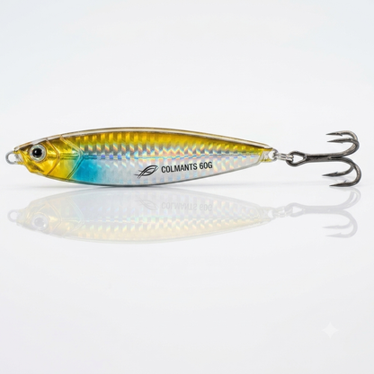 A Colmants 60G fishing lure with a realistic silver, yellow, and blue fish design, featuring a treble hook at the tail, shown on a reflective white surface.