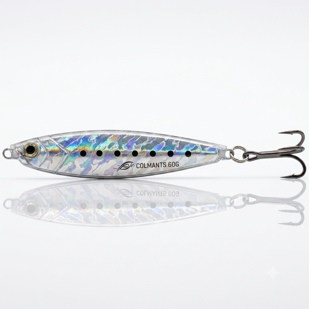 A COLMANTS 606 fishing lure with an iridescent silver body, black eye, and treble hook, displayed on a reflective white surface.