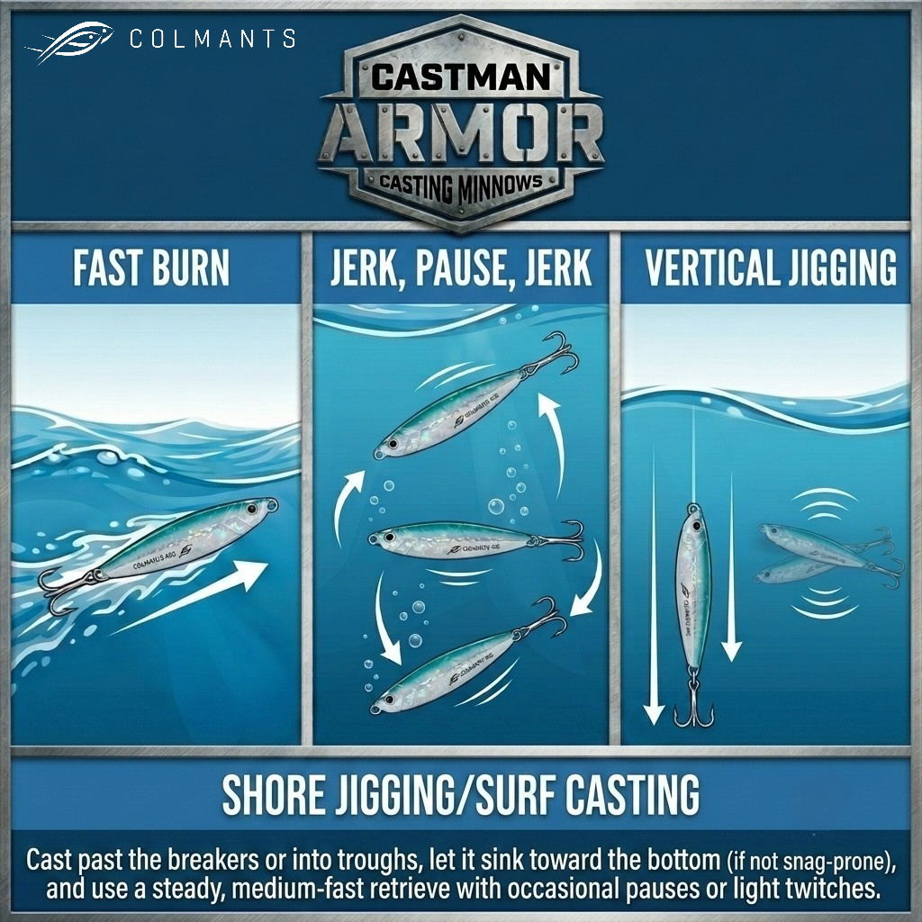 Instructional graphic for Castman Armor Casting Minnows by Colmants, showing three fishing techniques—Fast Burn, Jerk, Pause, Jerk, and Vertical Jigging—with illustrated swimbaits and explanatory text for shore jigging/surf casting.