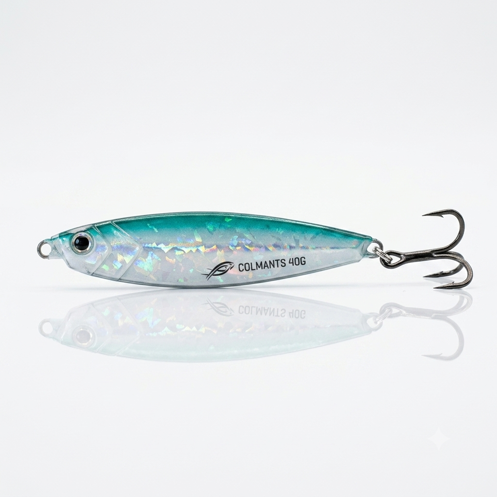 A Colmants 40g fishing lure with a metallic teal and silver body, featuring an iridescent finish and a triple hook, shown on a reflective white surface.