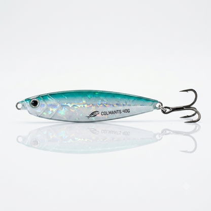 A Colmants 40g fishing lure with a metallic teal and silver body, featuring an iridescent finish and a triple hook, shown on a reflective white surface.