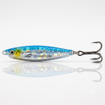 A Colmants 10G fishing lure with a metallic blue, green, and yellow iridescent body and a triple hook, shown on a reflective white surface.