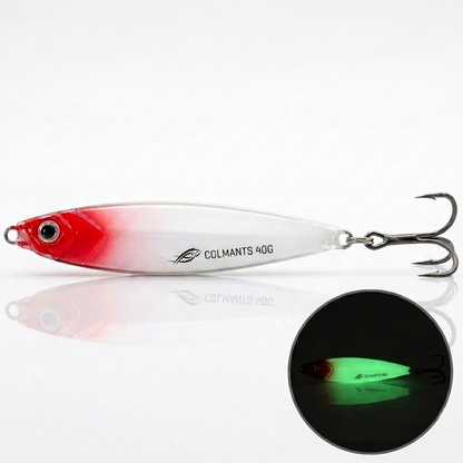A COLMANTS 40G fishing lure shown on a reflective white surface, with a circular inset demonstrating its glowing green color in the dark.