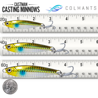 Three Castman Casting Minnows with a ruler for scale on a white background
