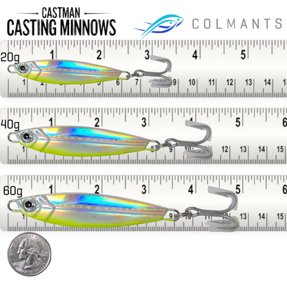 Three Castman Casting Minnows with a ruler for scale on a white . Neon Mirage color.