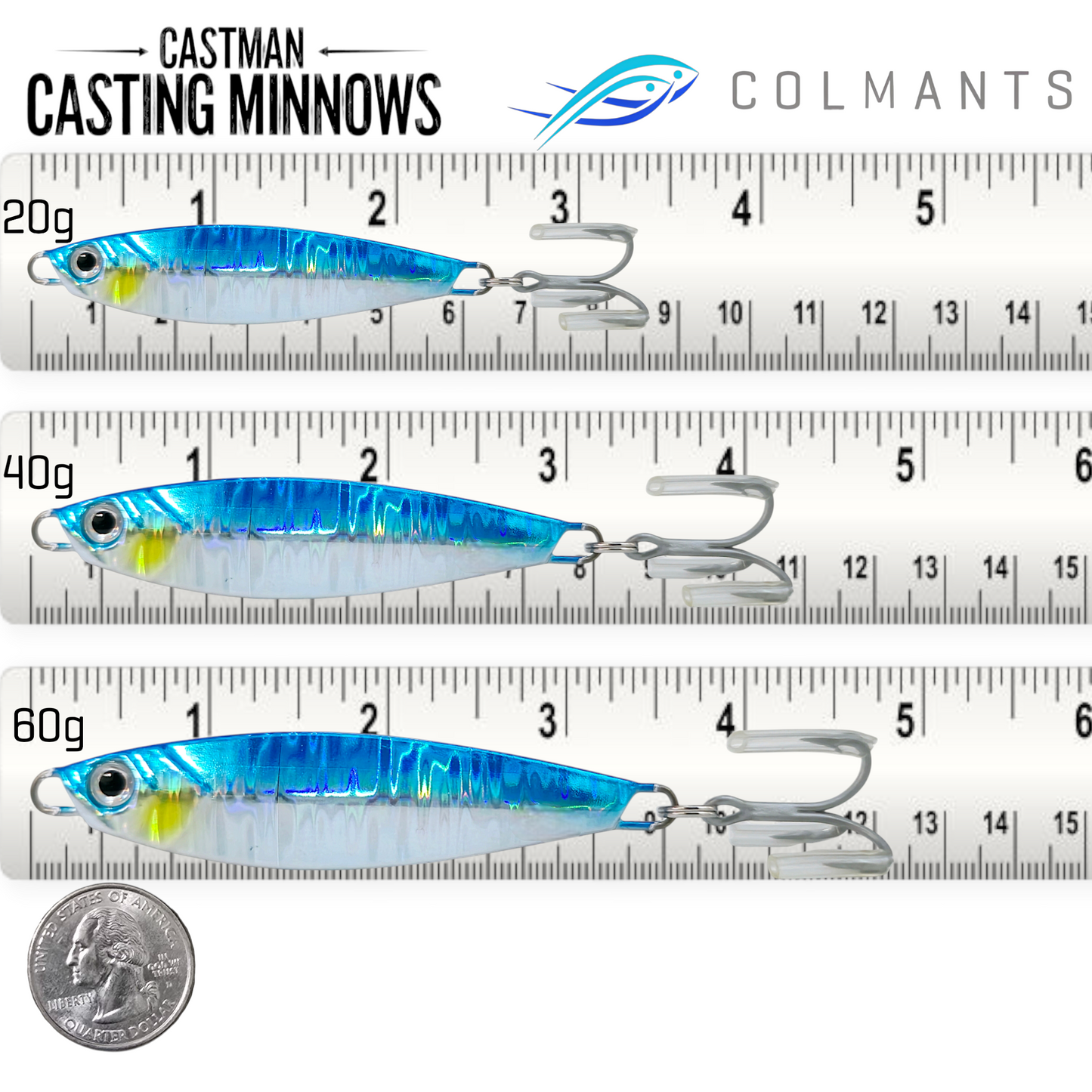 Three sizes of Castman Casting Minnows with a ruler and quarter for scale. CastMan Shimmer Blue color