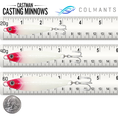 Three Castman Casting Minnows with a ruler for scale on a white background. Castman white red