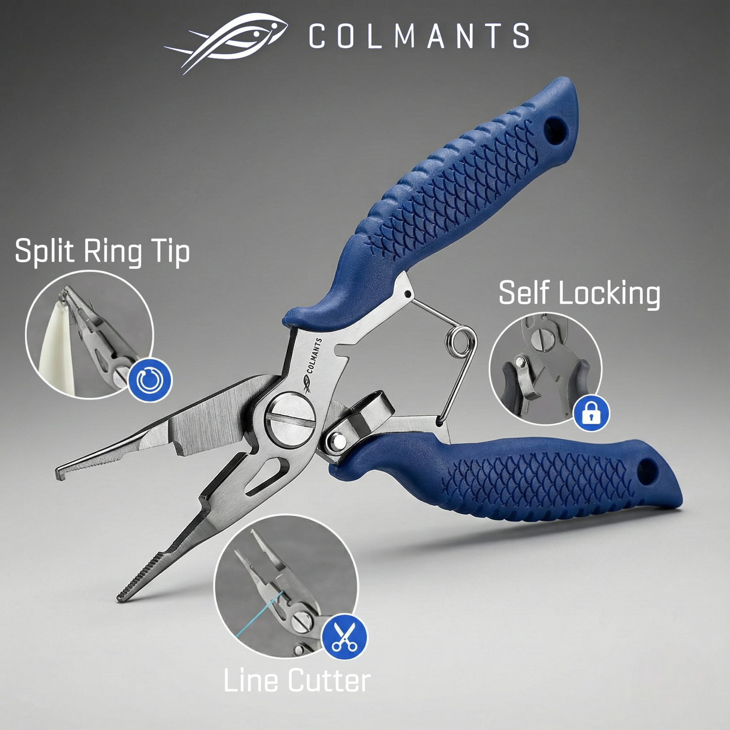 Blue pliers with features highlighted on a gray background, featuring the Colmants brand.