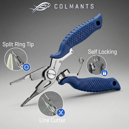 Blue pliers with features highlighted on a gray background, featuring the Colmants brand.