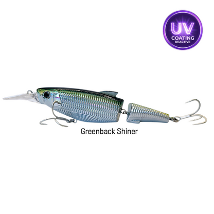 Fishing lure with UV coating reactive feature on a white background. Greenback Jerkbait Swimbait. Greenie Lure