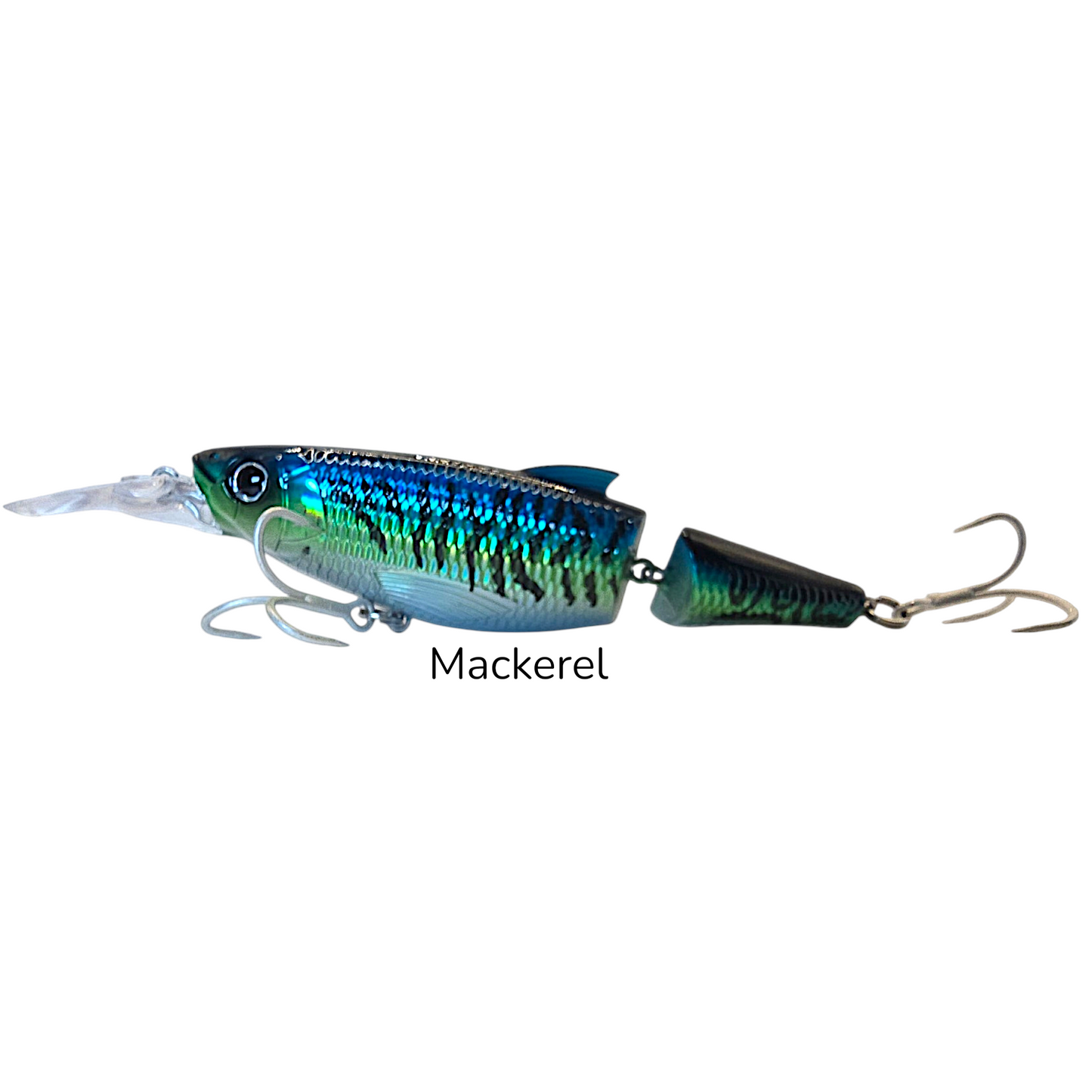 A hard bait fishing lure shaped like a mackerel fish, featuring a metallic blue and green body with black striping, a clear diving lip, and a treble hook attached at the rear. The word 'Mackerel' is printed below the lure. Atlantic Mackerel lure.