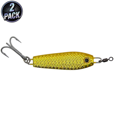 Gold fishing lure with treble hook on a white background, labeled as a 2-pack.