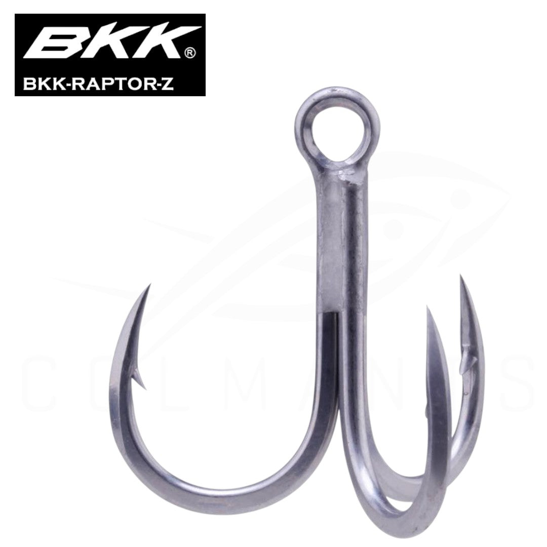 Metallic fishing hook with BKK logo on a white background. Raptor Z Treble hook