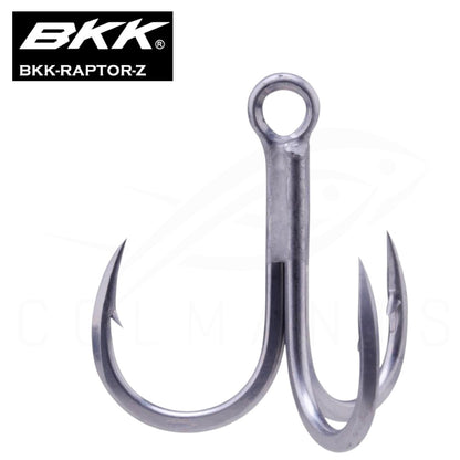 Metallic fishing hook with BKK logo on a white background. Raptor Z Treble hook